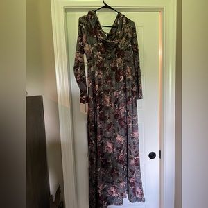 Pink blush off the shoulder grey and purple floral dress